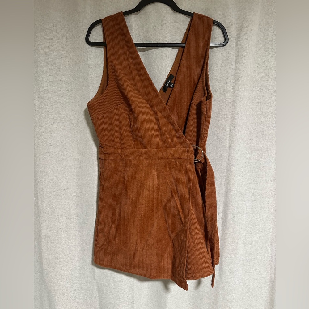 NWOT LULUS Absolutely Cute Rust Orange Corduroy Faux-Wrap Skort Romper - Picture 5 of 8